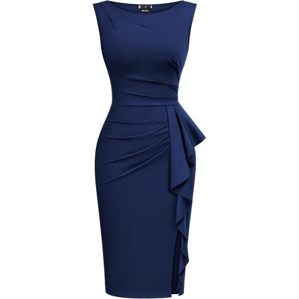 Miusol Women's Retro Ruffle Sleeveless Slim Pencil Dress - Navy Blue - Medium